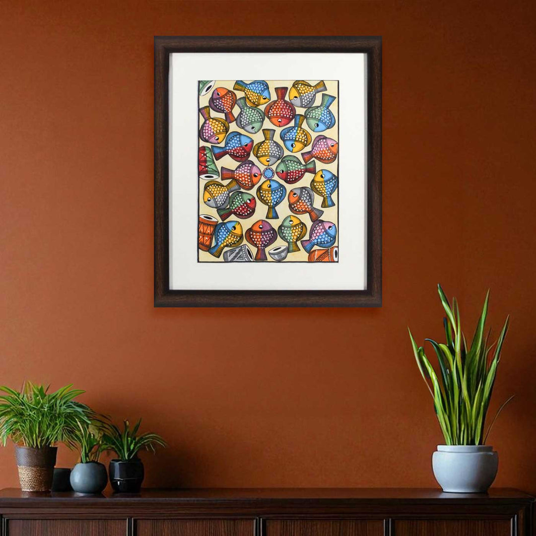 26 x18 Inch | School Of Colorful Fish | Original Hand Painted Kalighat Painting | Natural Colors On Paper