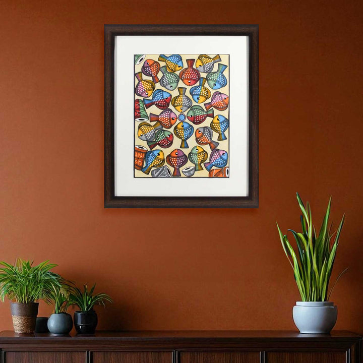 26 x18 Inch | School Of Colorful Fish | Original Hand Painted Kalighat Painting | Natural Colors On Paper