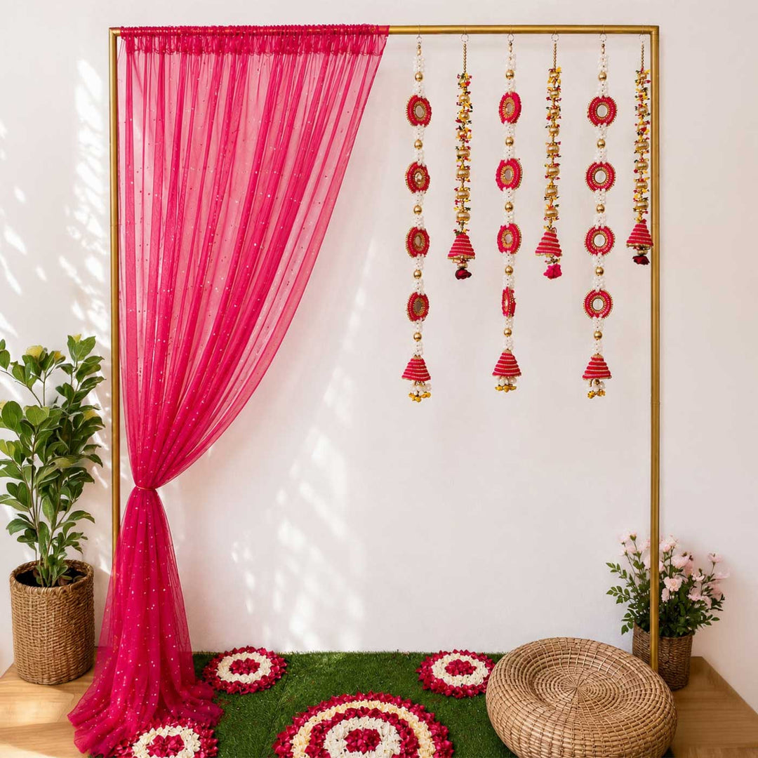 Pink Tissue Drape Backdrop Decor Kit With Stand & Mirror Cone Tassels