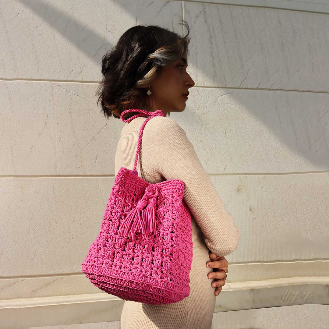 Buy Handmade Crochet Drawstring Bucket Shoulder Bag Online On Zwende