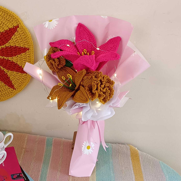 Handmade Crochet Amber Harmony Theme Flower Bouquet With Lights