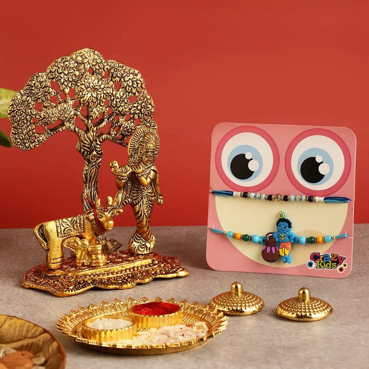 Handmade Krishna Rakhi Hamper | Includes 1 Krishna With Kadamba Tree Idol, 2 Rakhis, 1 Roli Chawal