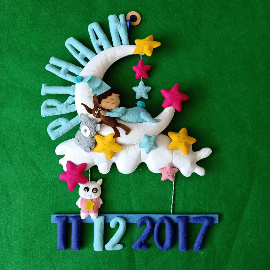 Handcrafted Personalized Baby Moon Felt Name Plates For Kids With Date Of Birth - Front View with Name and Date