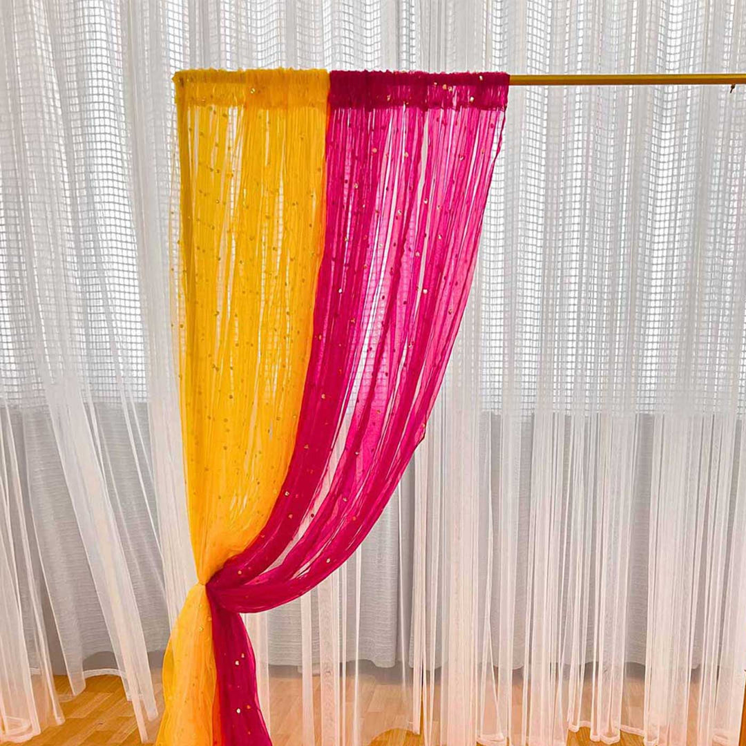 Set of 2 | Reusable Sheer Pink & Yellow Net Backdrop Drapes Ready-to-Hang For Haldi & Mehndi Decor