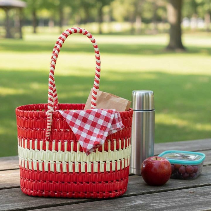 Handmade Traditional Plastic Tape Wire Red And Sandal Koodai Lunch Bag