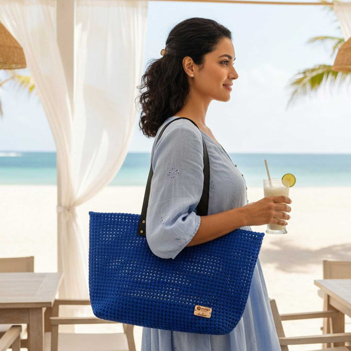 Blue Solid Mukhya Knot Handmade Koodai Beach Bag