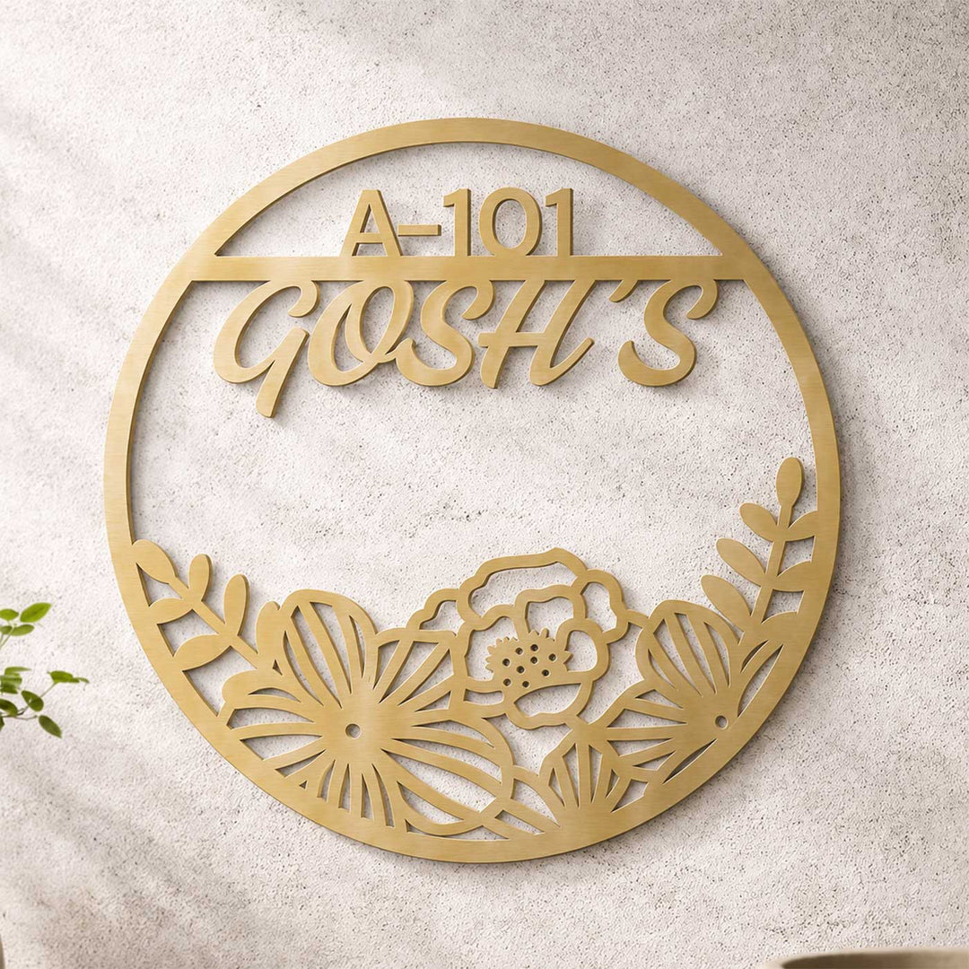 "Floral Halo" Round Personalized Weatherproof Stainless Steel Name Plate For Home
