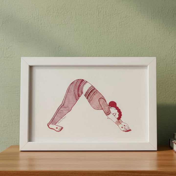 6 x 9 Inch | Parvatasan Yoga Pose | Minimalist Black & White Mudhubani Style Line Drawing With Frame