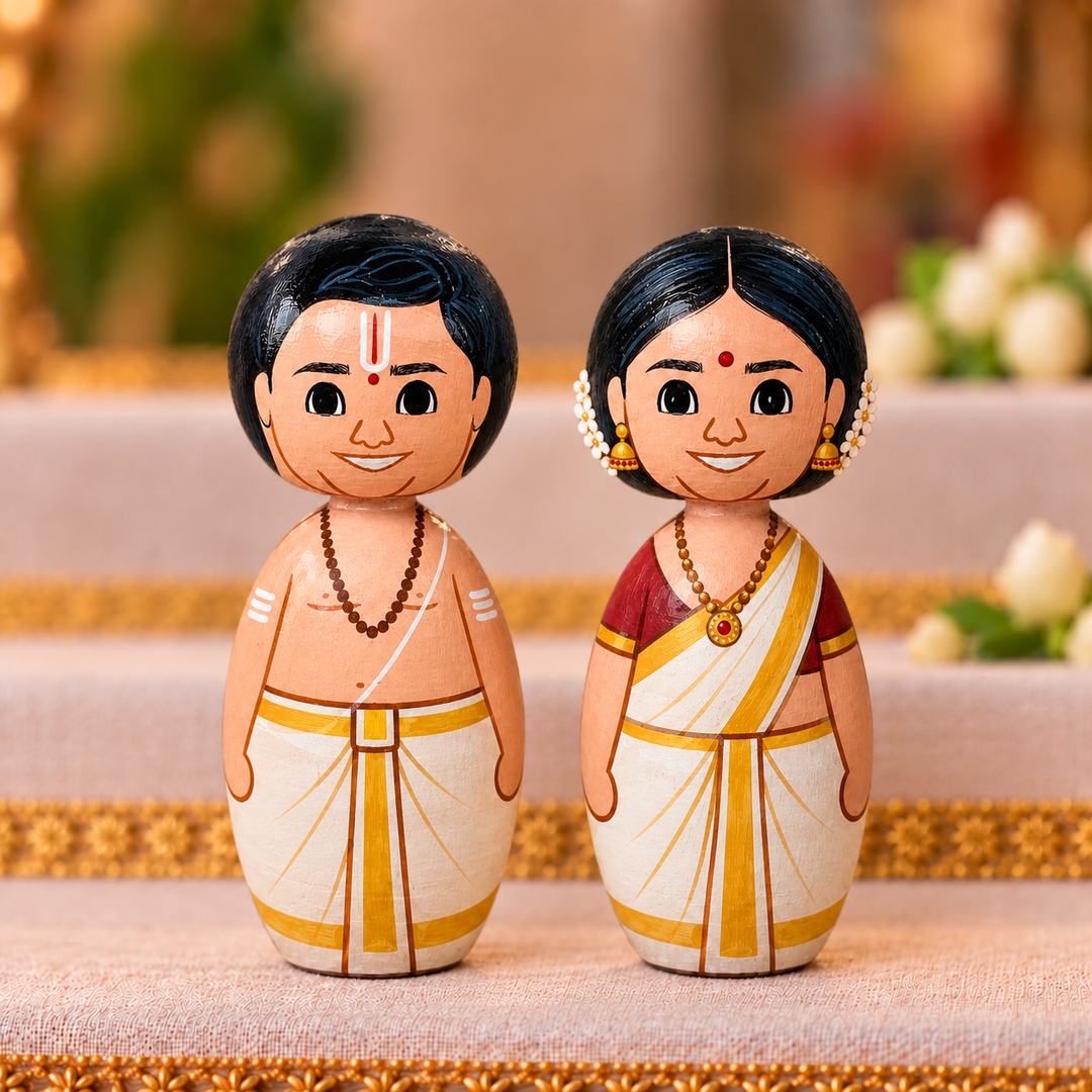 "Pandit Couple" Themed Handpainted Wooden Doll For Golu/Festive Decor