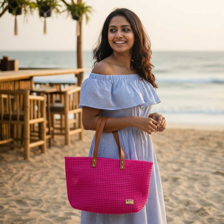 Hot Pink Solid Mukhya Knot Handmade Koodai Beach Bag