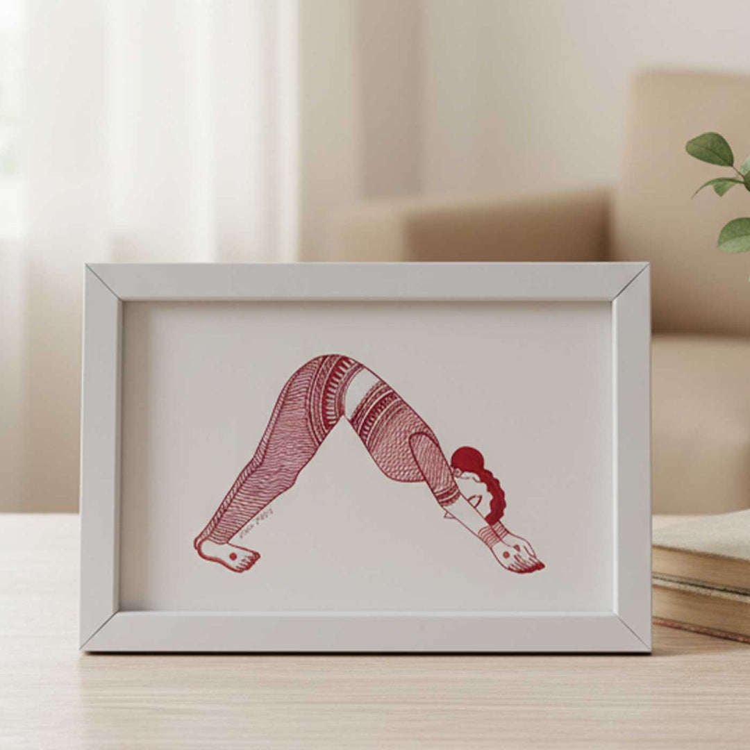 6 x 9 Inch | Parvatasan Yoga Pose | Minimalist Black & White Mudhubani Style Line Drawing With Frame