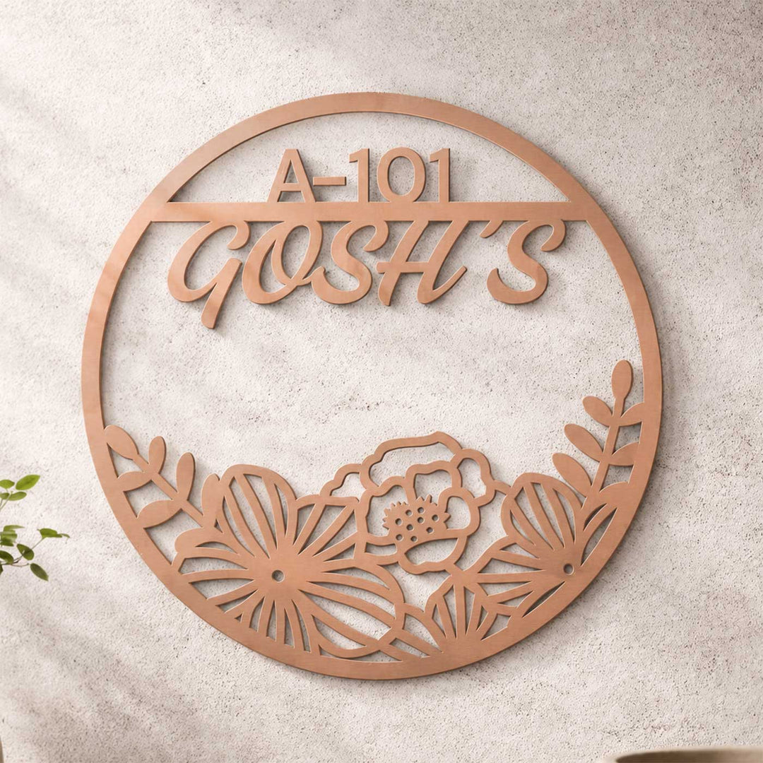 "Floral Halo" Round Personalized Weatherproof Stainless Steel Name Plate For Home