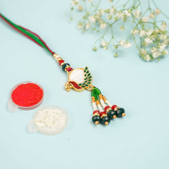 Handmade Beaded Peacock Jadtar Lumba Rakhi for Bhabhi With Roli Chawal