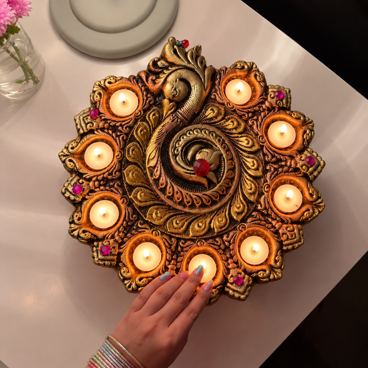 Handmade Peacock With 9 Terracotta Diya Platter | 9.5 inch