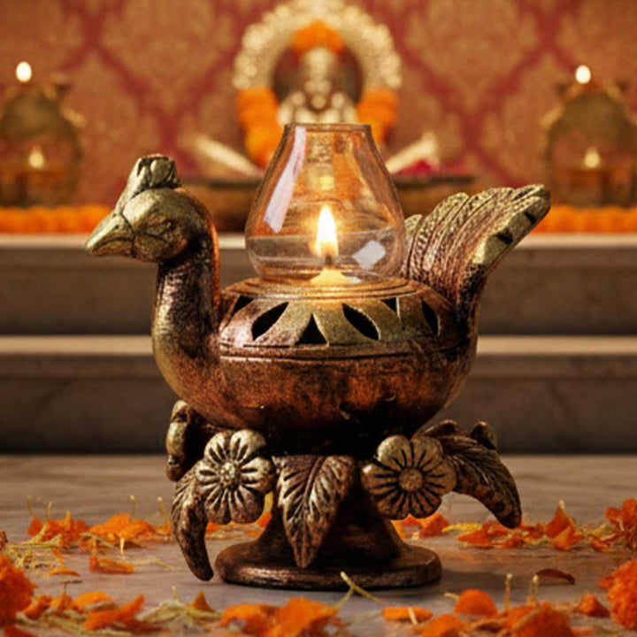 Handmade Peacock Terracotta Akhand Jyot Diya / Oil Lamp