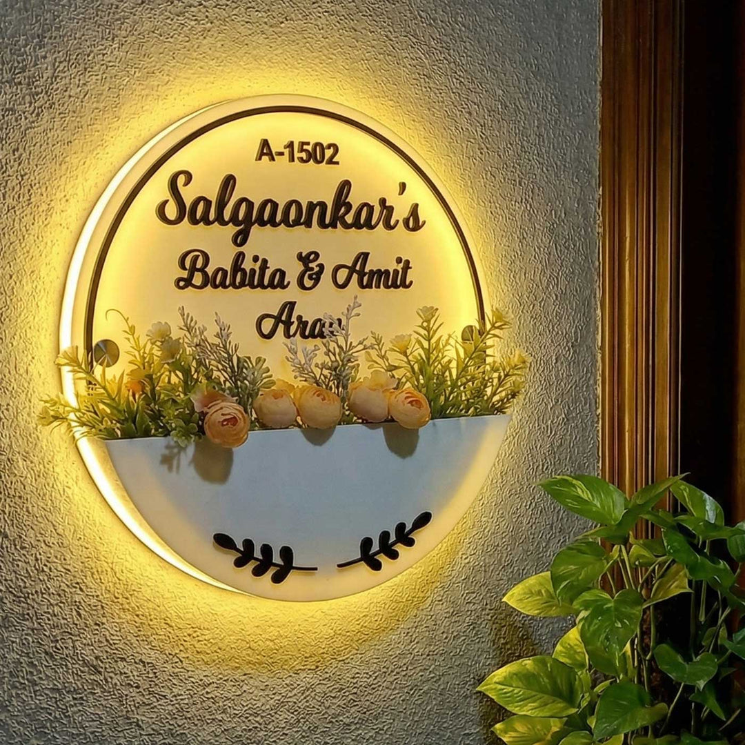 White Acrylic Minimal Personalized Handmade Planter Name Plate With Backlight