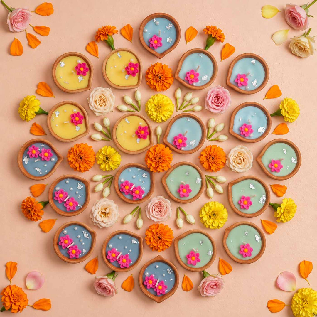 20 Pc | Handmade Multicolor Floral Soy Wax Terracotta Diyas
