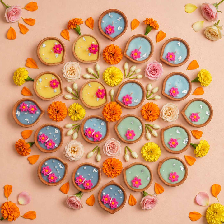 20 Pc | Handmade Multicolor Floral Soy Wax Terracotta Diyas