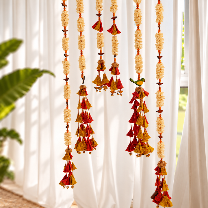 6 Pc | Handmade Parandi Bird Jute Wall Hanging Strings in Different Lengths With Shola Accents
