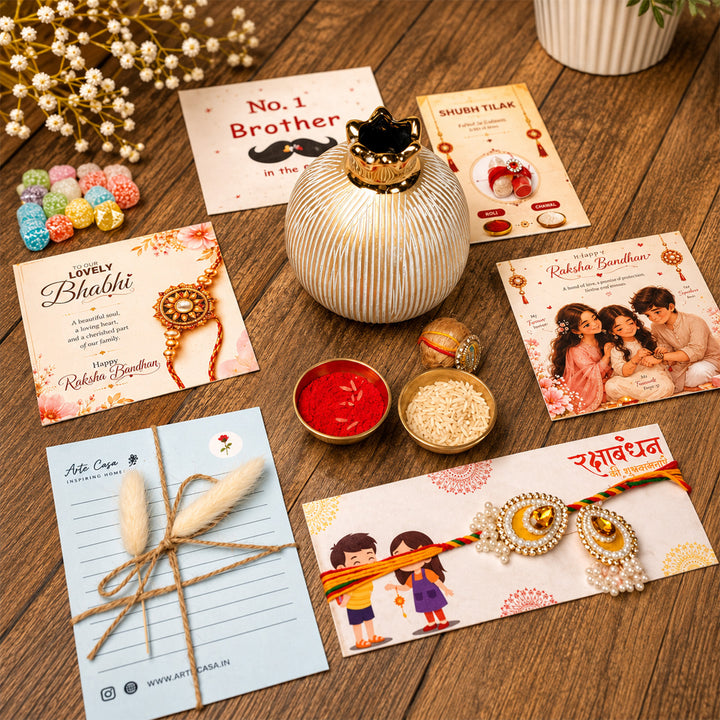 Ivory Pomegranate Porcelain Vase Rakhi Hamper With Rakhi Set For Bhaiya Bhabhi