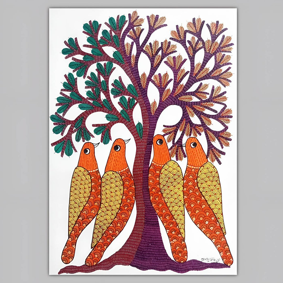 11 x 16 Inch | Birds & Tree | Original Hand Painted Tribal Gond Art Painting | Acrylic Paint On Paper