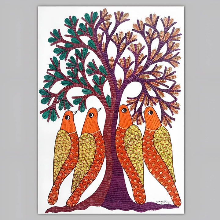 11 x 16 Inch | Birds & Tree | Original Hand Painted Tribal Gond Art Painting | Acrylic Paint On Paper