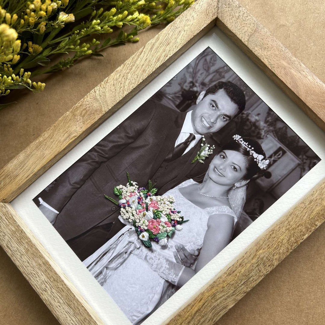 Bouquet Design Hand Embroidered Photo With Wooden Frame