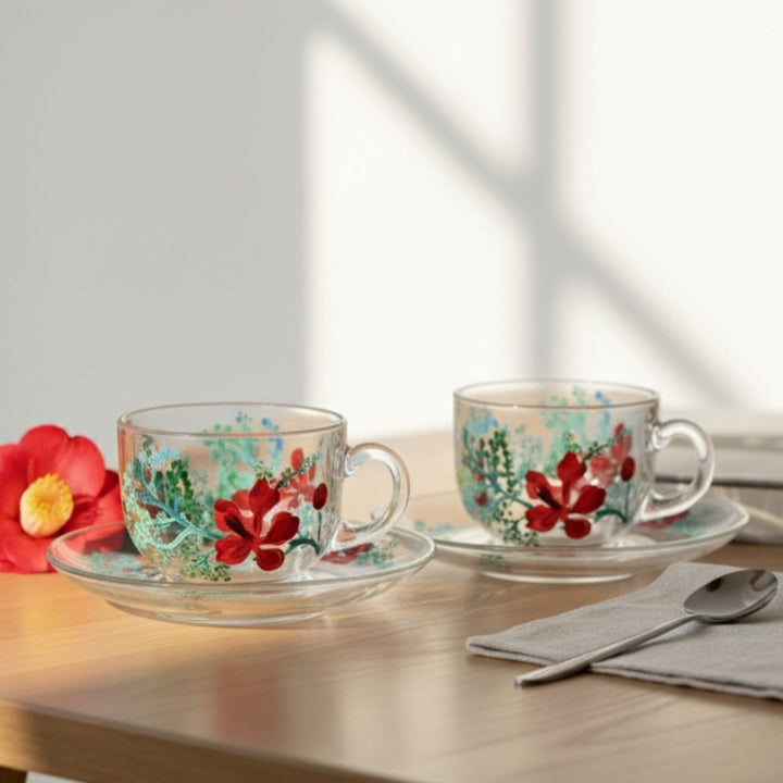 Hand-Painted Floral Gulmohar Glass Tea Cups With Saucers