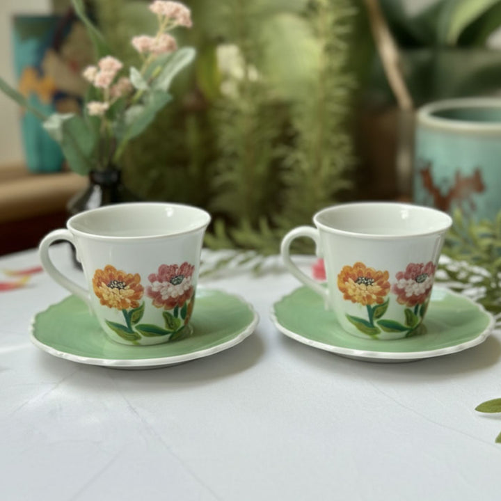 Hand-Painted Dahalia Ceramic Tea Cups With Saucers