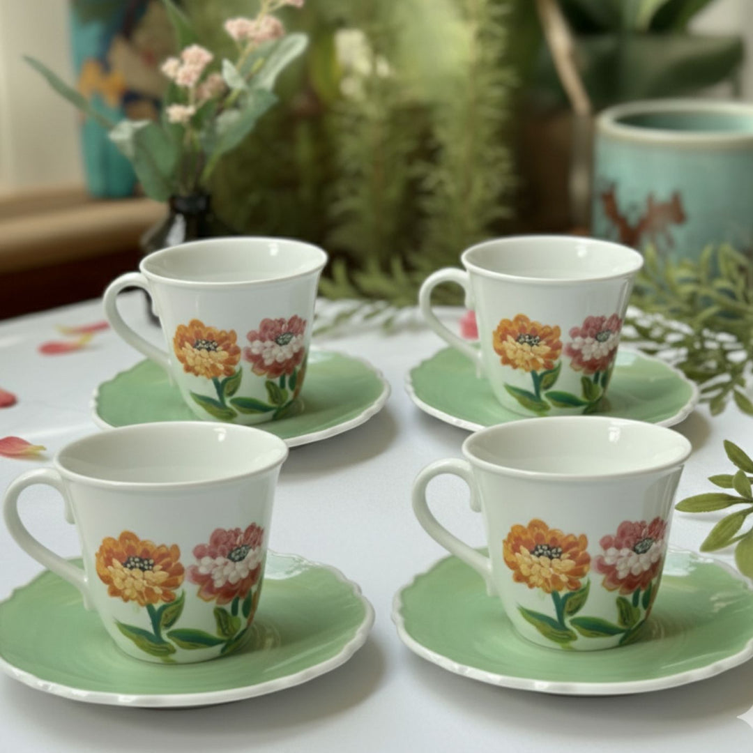 Hand-Painted Dahalia Ceramic Tea Cups With Saucers