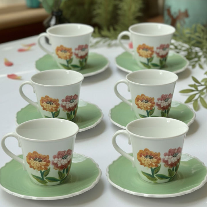 Hand-Painted Dahalia Ceramic Tea Cups With Saucers