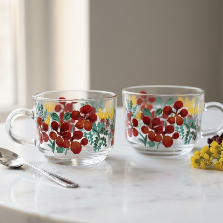 Hand-Painted Floral Gulmohar Glass Tea Cups