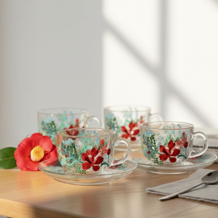 Hand-Painted Floral Gulmohar Glass Tea Cups With Saucers