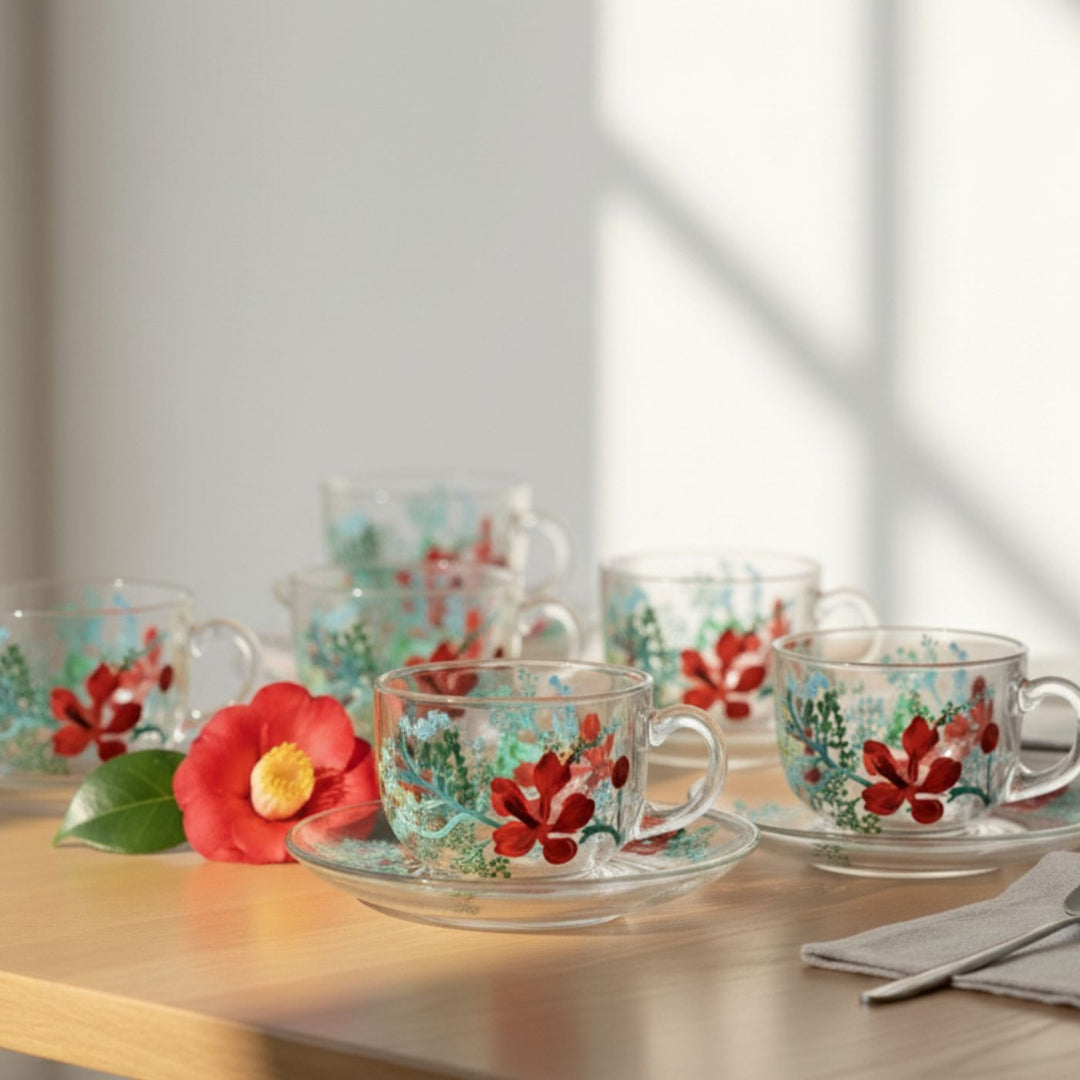 Hand-Painted Floral Gulmohar Glass Tea Cups With Saucers