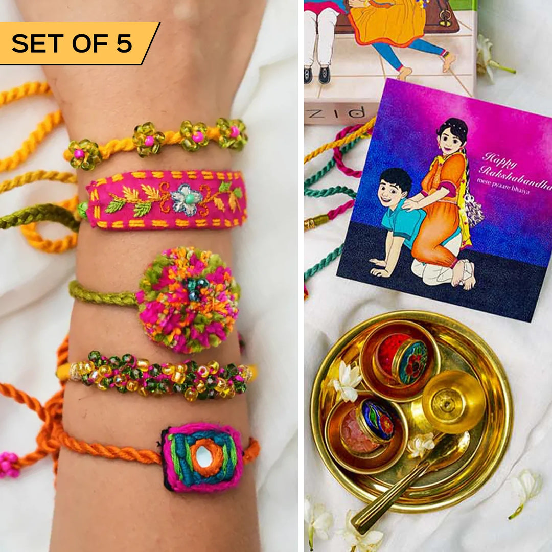 5 pc Rakhi + Brass Thali Set | Premium Chum Chum Embroidered & Beaded Rakhi Set with Roli Chawal