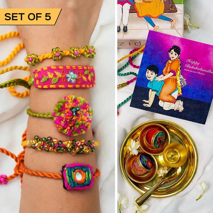 5 pc Rakhi + Brass Thali Set | Premium Chum Chum Embroidered & Beaded Rakhi Set with Roli Chawal