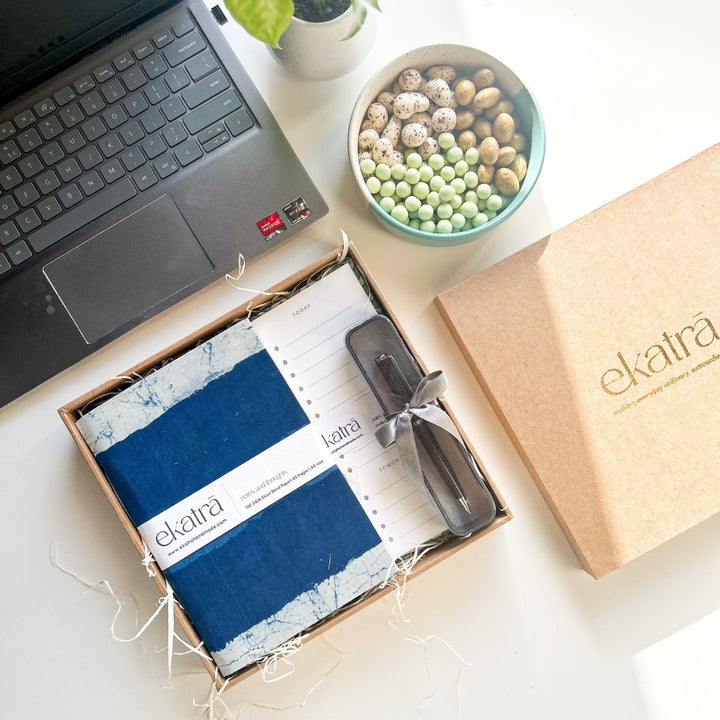 Sustainable Handmade Blue Stripes Productivity Stationary Hamper