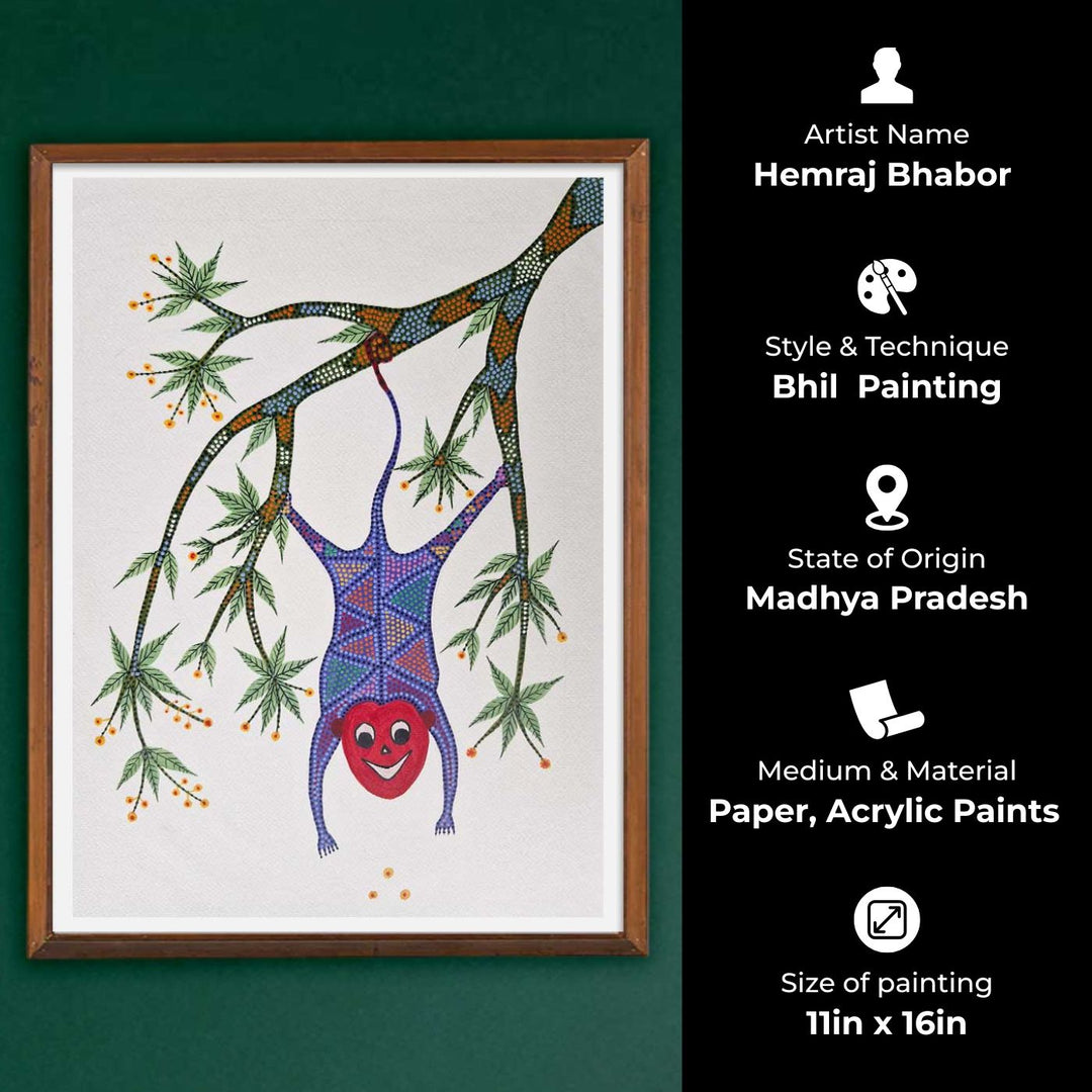 11 x 16 Inch | Playing Monkey | Original Hand Painted Bhill Painting | Acrylic Paints On Paper