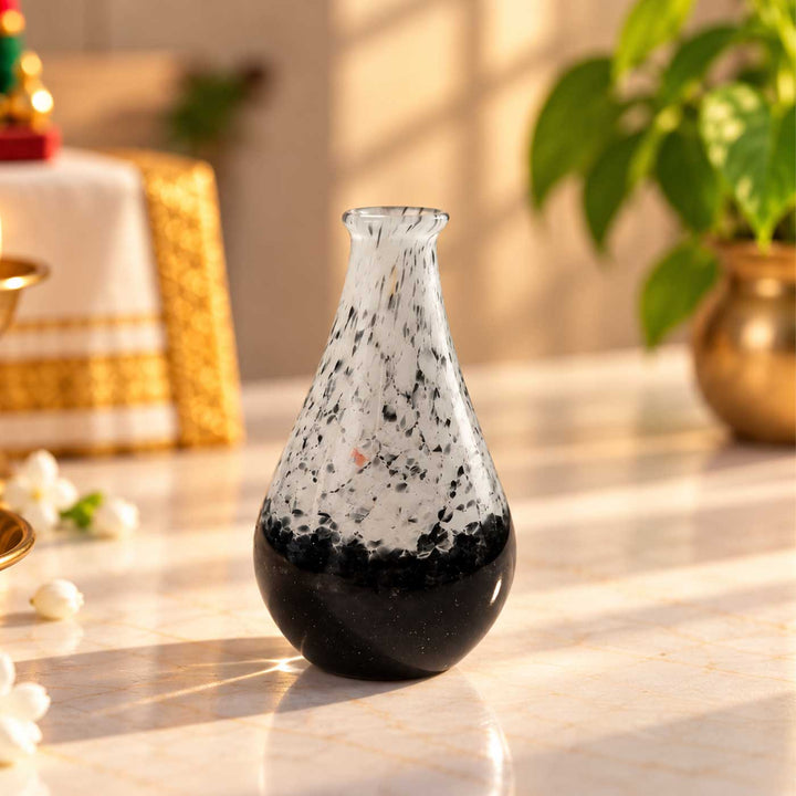 Handmade Black & White Speckled Small Glass Art Vase For Home Decor
