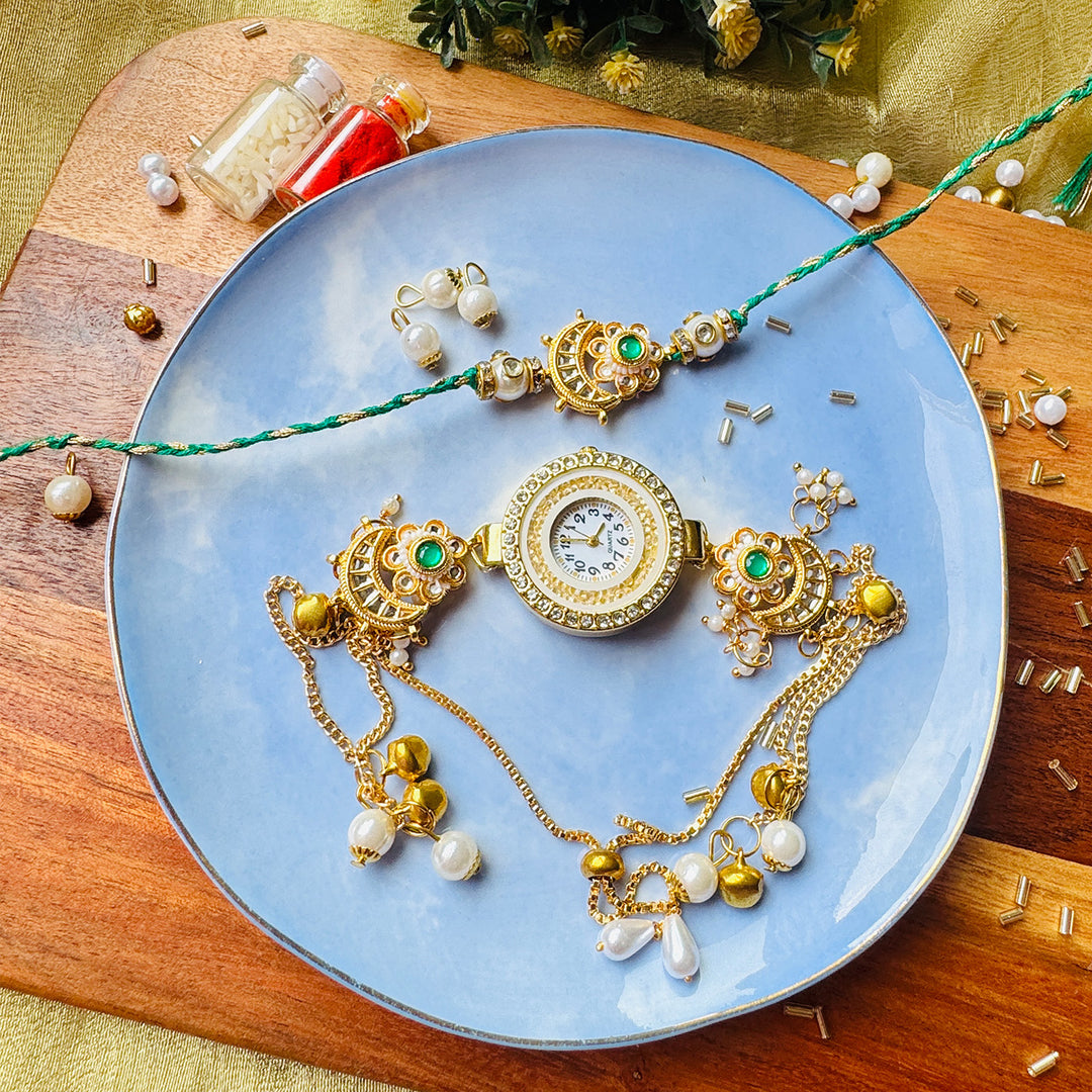 Reusable Handmade Watch Charm Kundan Pearl Rakhi Lumba Set With Roli Chawal For Bhaiya Bhabhi