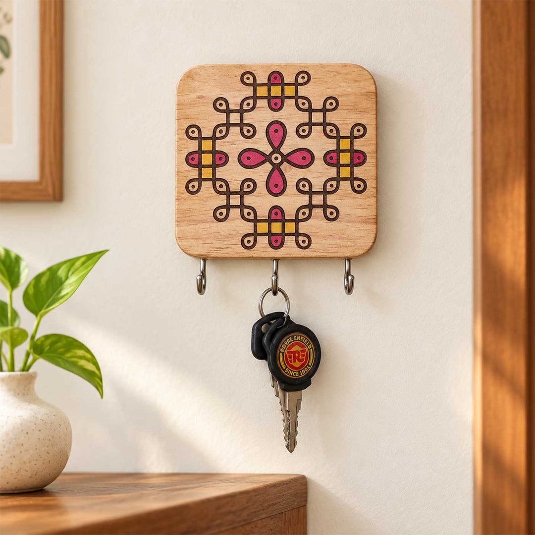 Hand-Painted Flower Medallion Kolam Rubber Wood Wall Key Holder