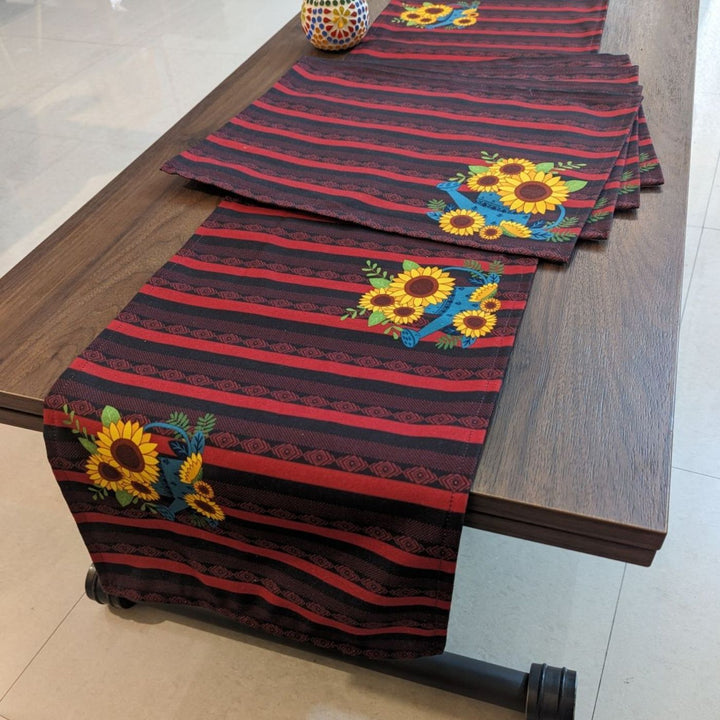 Printed Sambalpuri Ikat Sunflower Splendour Table Runner & Mat Set