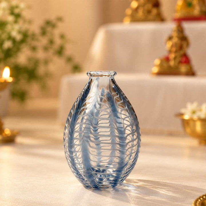 Handmade Clear Blue Pinstripe Small Glass Art Vase For Home Decor