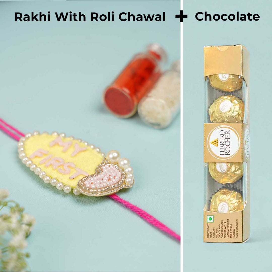 Customized Handmade Beaded My First Rakhi With Roli Chawal For Newborns