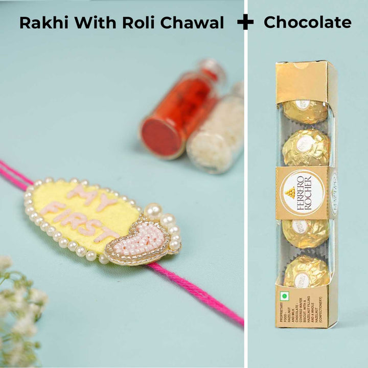Customized Handmade Beaded My First Rakhi With Roli Chawal For Newborns