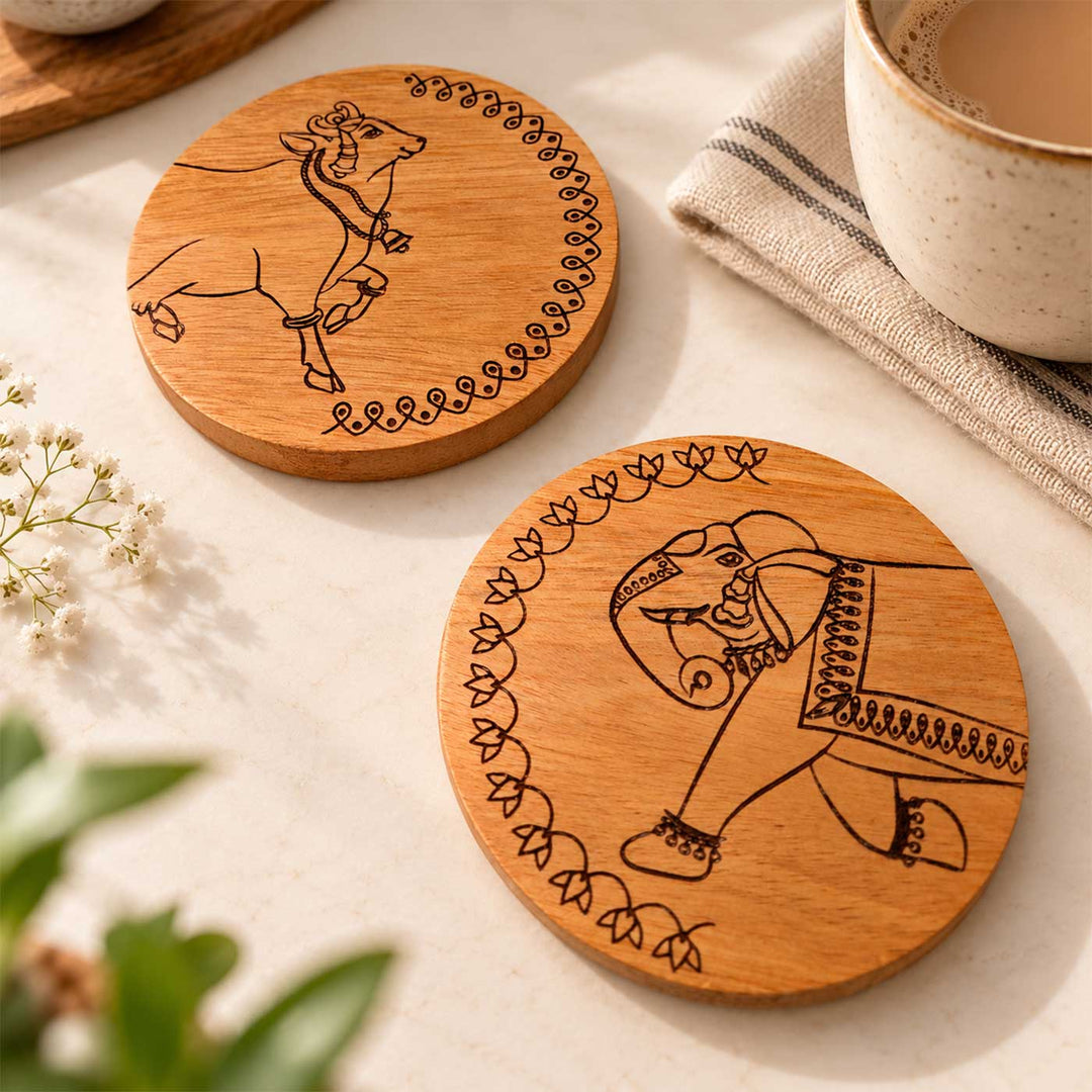2 pc | Engraved Mahogany Wood Elephant & Cow Round Coasters For Coffee Table & Dining Decor