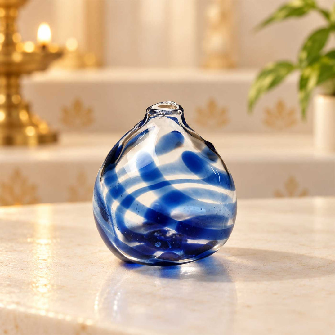 Handmade Blue Marble Swirl Small Glass Art Vase For Home Decor