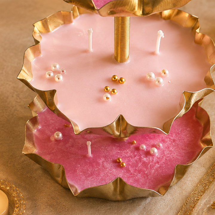 Triple Radiance 3-Tier Gold-Toned Metal Urli Multi-Wick Candle With Pearl Detailing For Festive Decor
