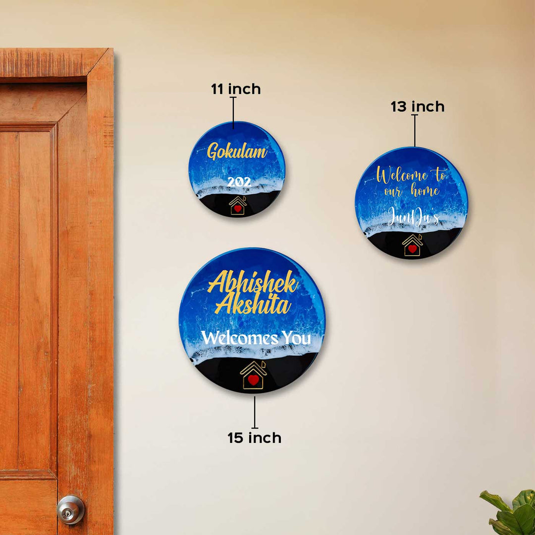 Dark Blue Personalized Ocean Effect Round Resin Name Plate | With 3D Acrylic Letters & House Symbol