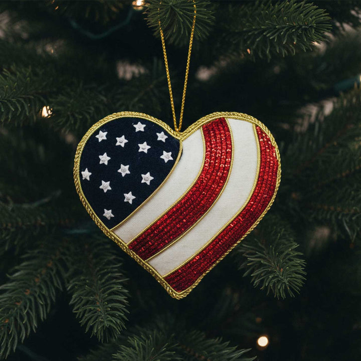 Heart In Red Stars And Stripes Premium Zardozi Ornament